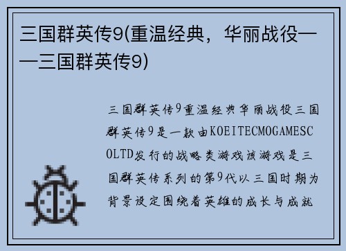 三国群英传9(重温经典，华丽战役——三国群英传9)